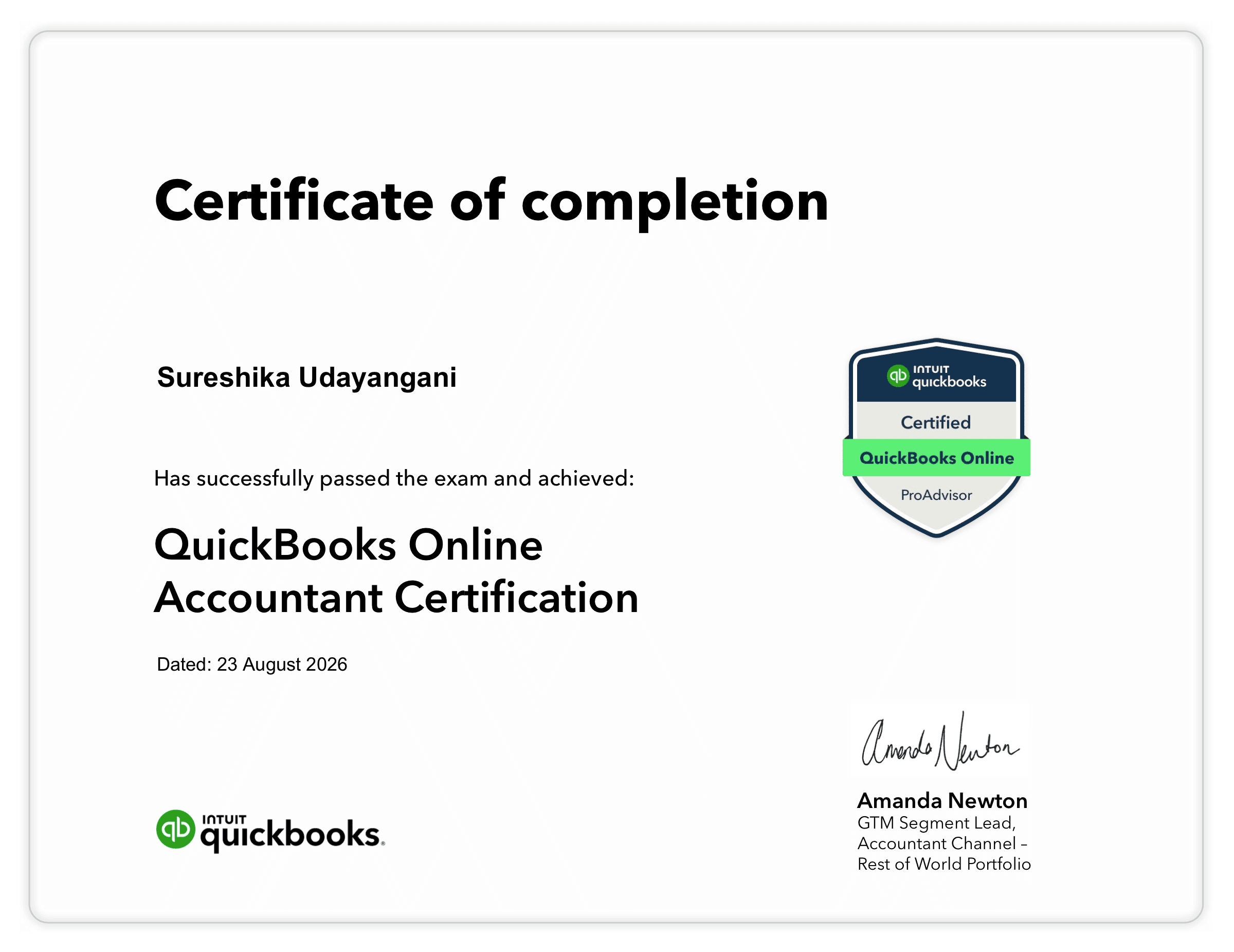 QuickBooks Online Accountant Certification certificate for Sureshika Udayangani