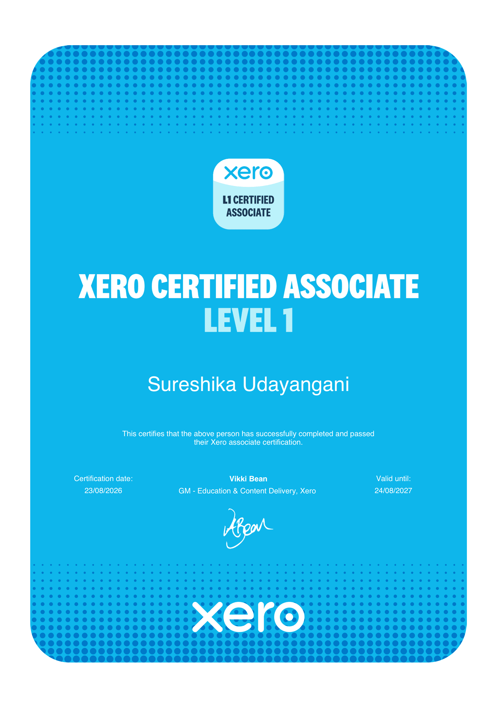 Xero Certified Associate Level 1 certificate for Sureshika Udayangani