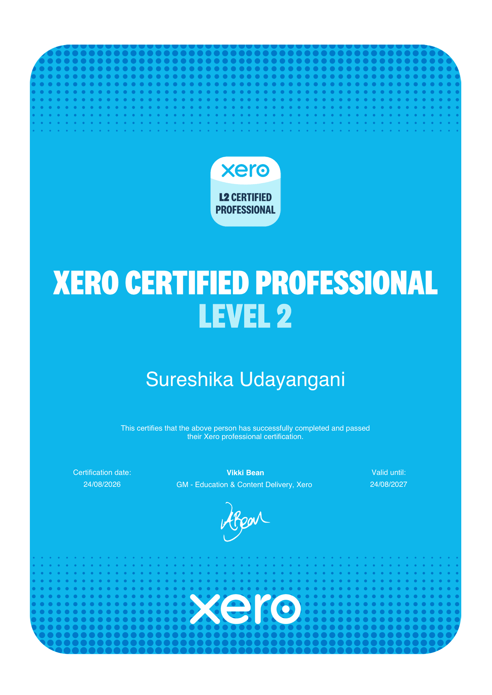 Xero Certified Professional Level 2 certificate for Sureshika Udayangani