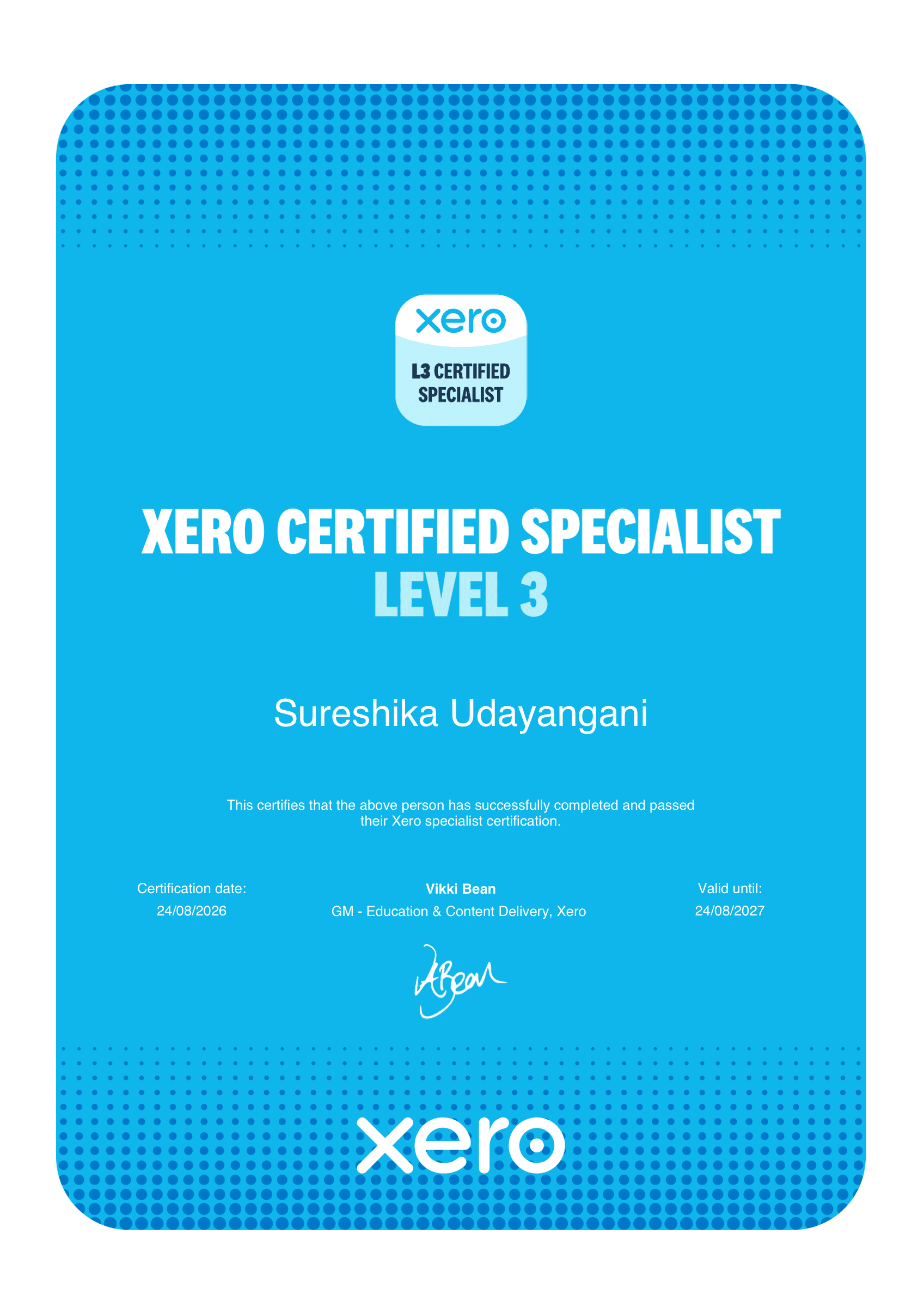 Xero Certified Specialist Level 3 certificate for Sureshika Udayangani