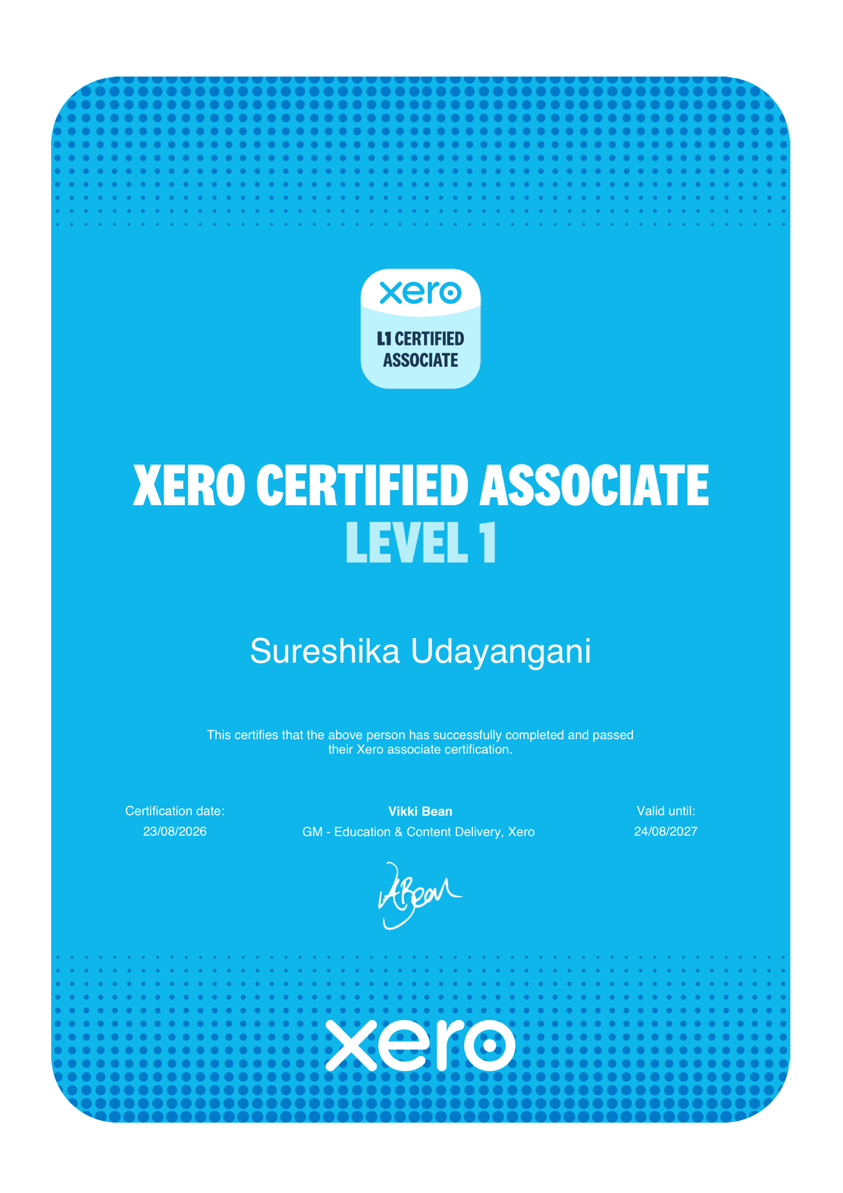 Xero Certified Associate Level 1 certificate for Sureshika Udayangani
